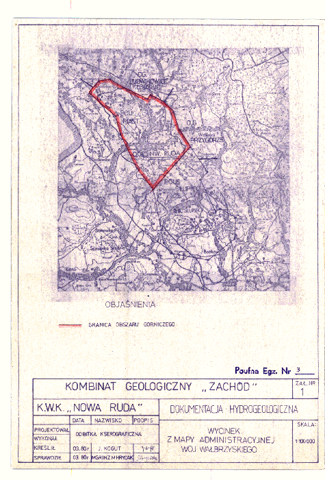 Granica obszaru górniczego na mapie administracyjnej woj. Wałbrzyskiego.